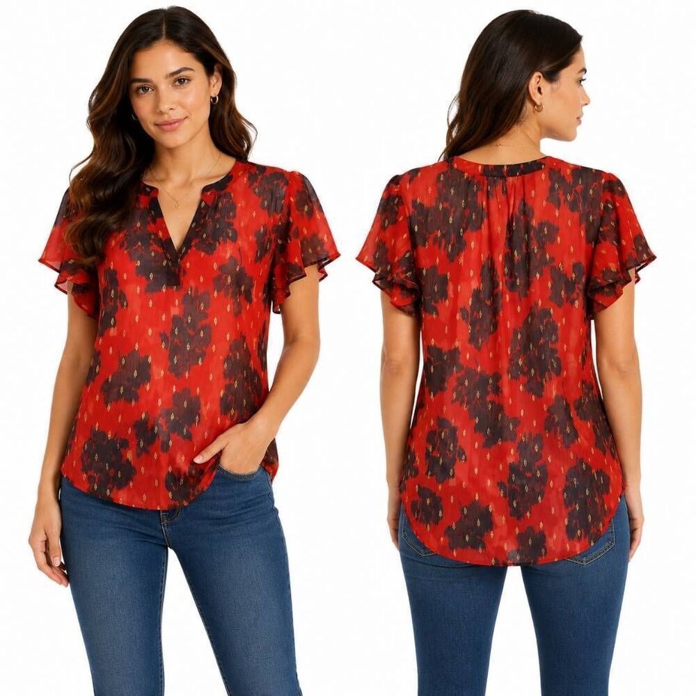 Maurices Red Semi-Sheer Floral Print Blouse Women’s M Short Sleeve Split Neck